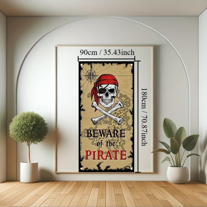 TOMHONG Pirate Door Cover Banner Beware of the Pirate 71x35 Inch Party Door Sign for Front Door Skull Map Design Door Cover for Halloween Theme Party Outdoor Decor - Image 2